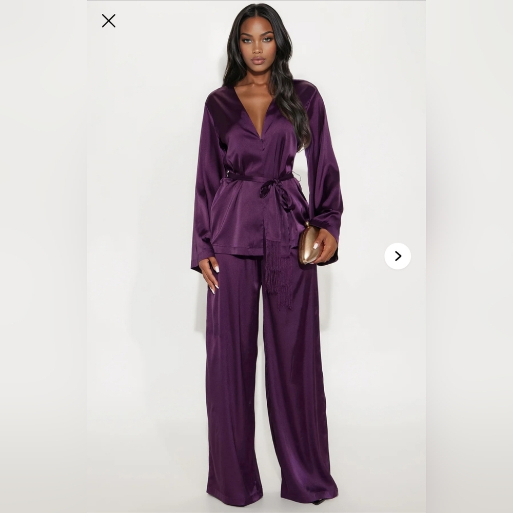 Fashion Nova Women's Satin Tie Waist Pant Set- Eggplant S